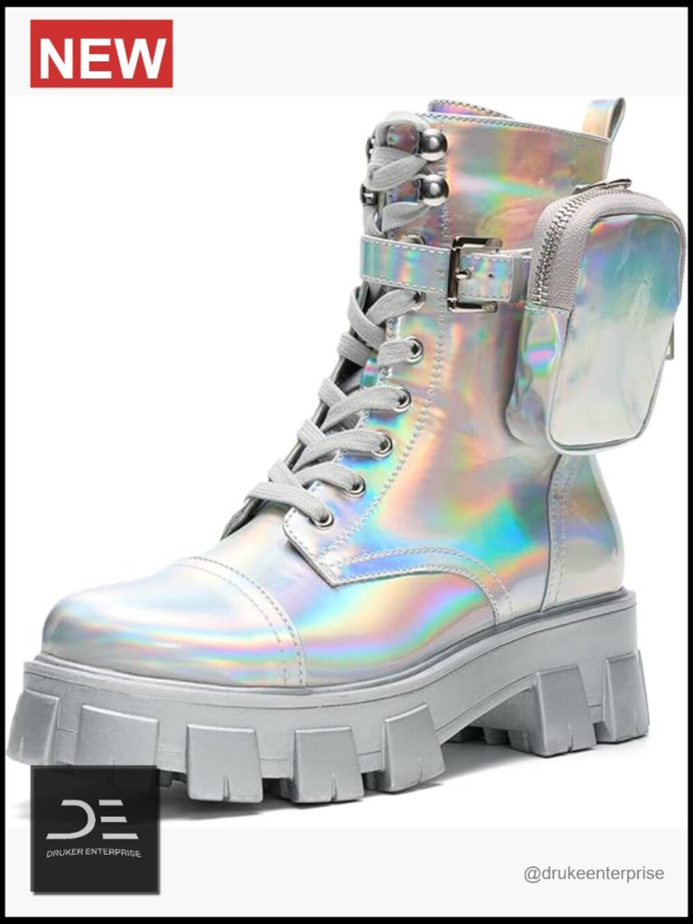 Lace Up Chunky Platform Combat Boots with Built-in Zippered Pouch Side Zipper
